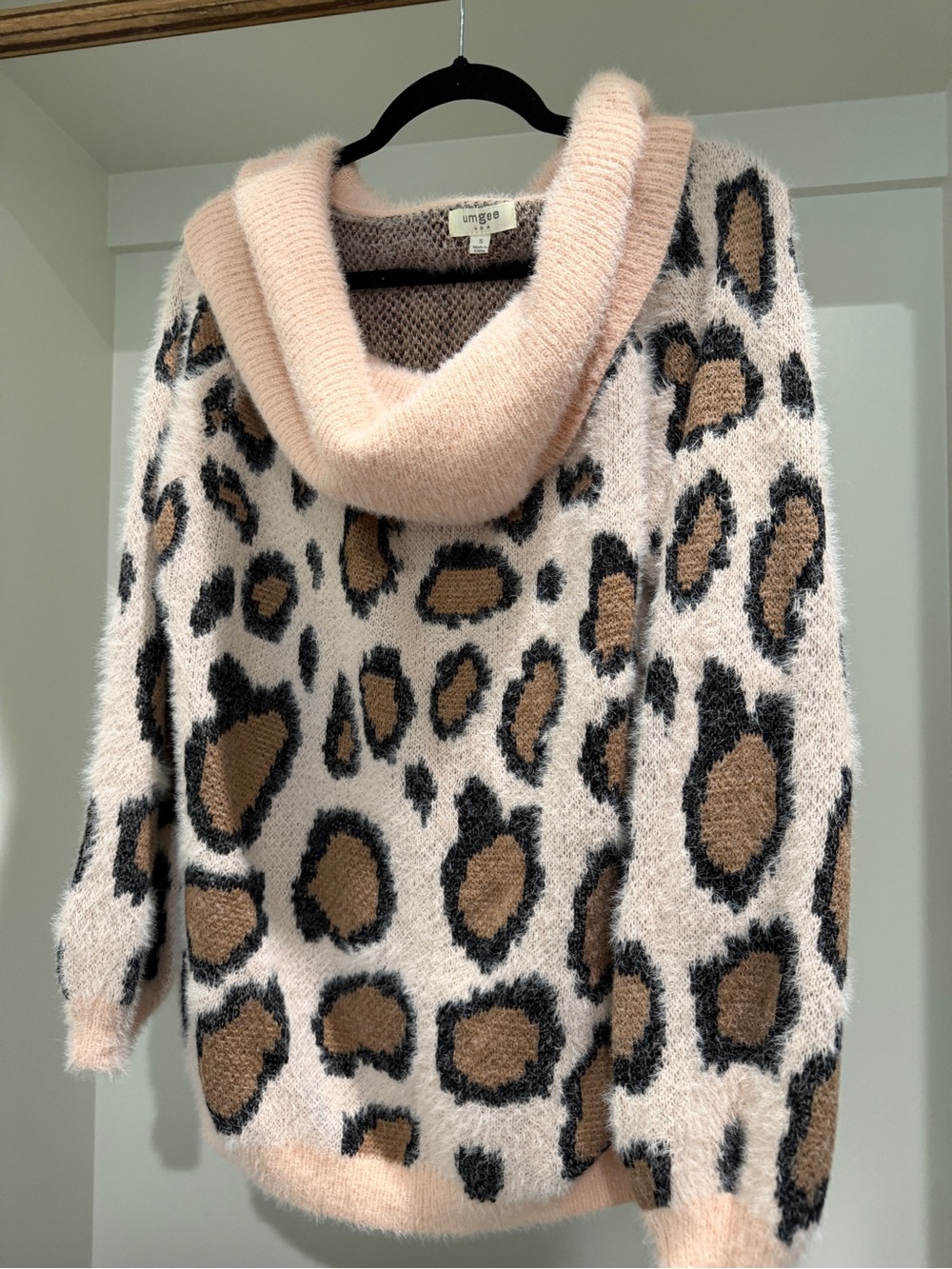 Umgee Pink Leopard Print Cowl Neck Sweater